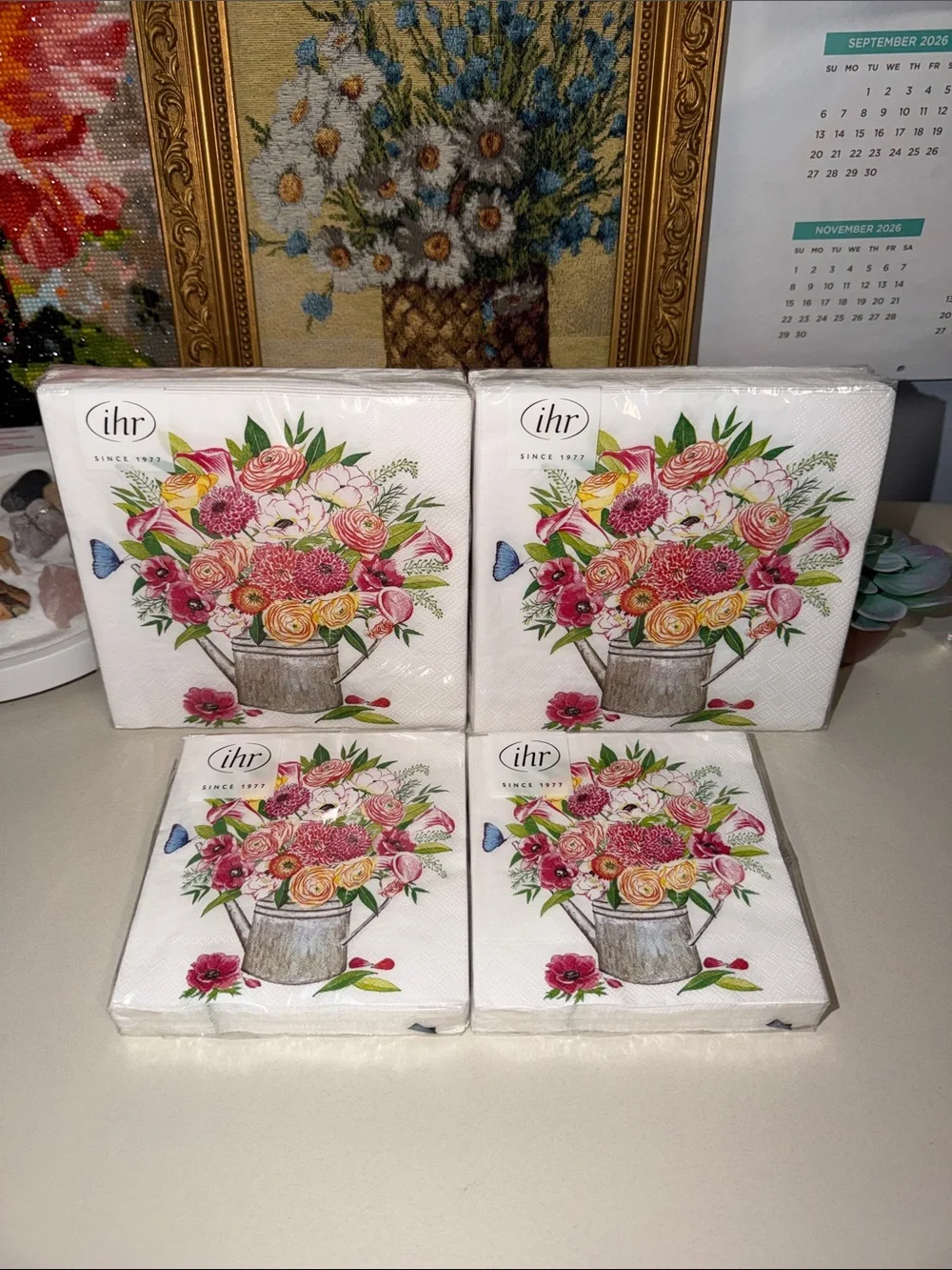 ihr White Pink Yellow Green Watering Can Floral Bouquet Napkins x 4 packs